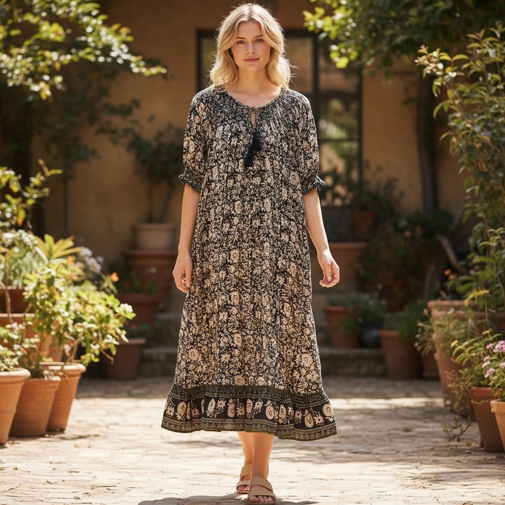 Cleobella Organic Cotton Floral Paisley Midi Dress Black‎ Tan Boho Tassel Large
